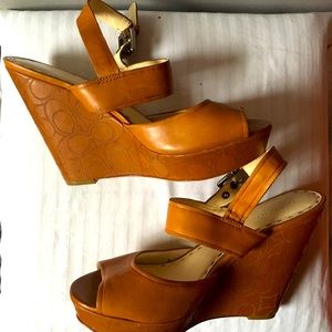 British Tan Coach Leather Signature Logo Embossed Wedge Sandals
